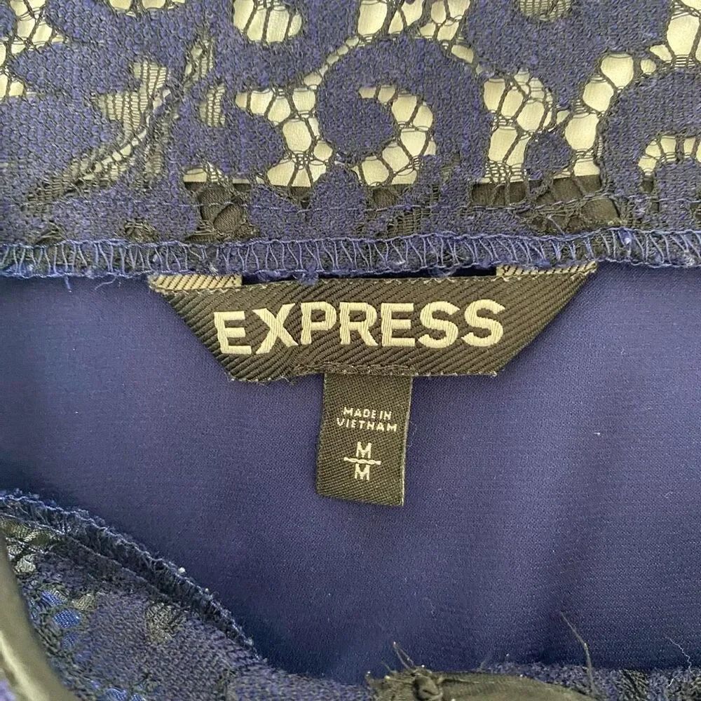 Express women M V-cut short sleeve lace top blouse navy blue & black